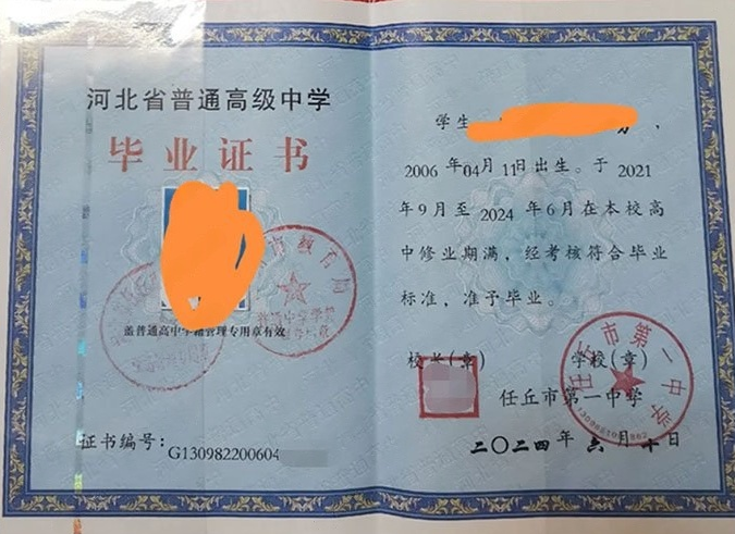 遂溪任丘市第一中学高中毕业证样本图片